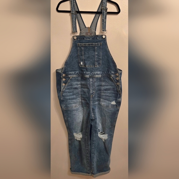 Torrid Straight Leg Denim Overalls Mid Wash Distressed Sz 12 Short - Picture 4 of 13